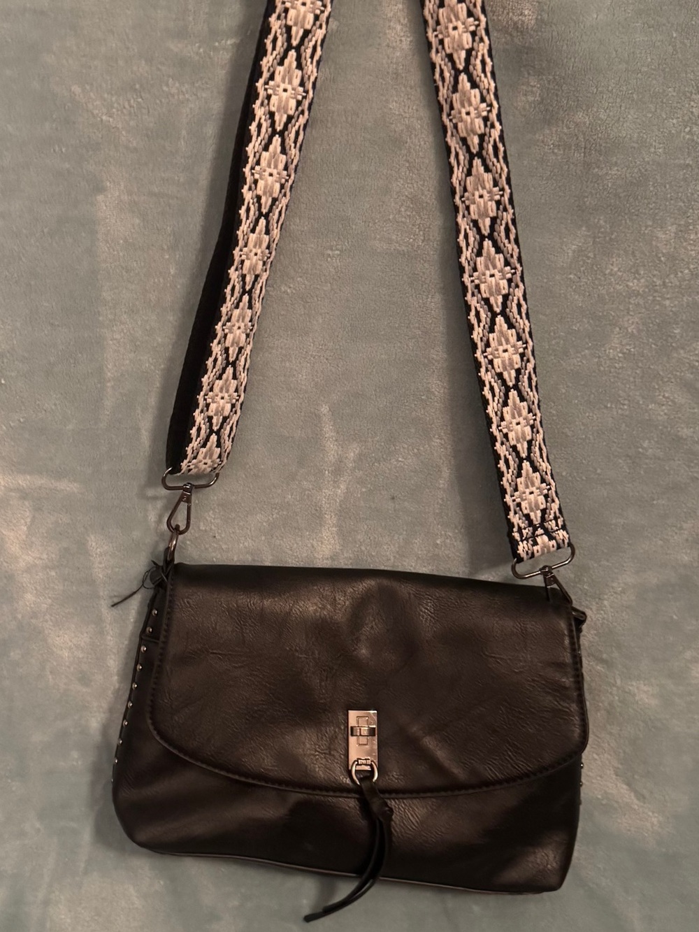 Black Crossbody Bag with Decorative Woven Strap